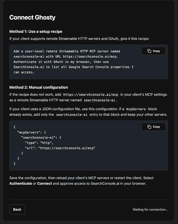 Instructions for connecting the Ghosty client to SearchConsole.ai MCP server using two methods: a setup recipe or manual configuration with JSON code snippet.
