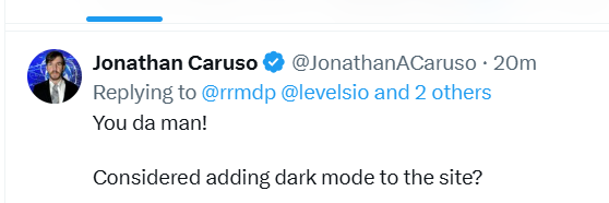 A Twitter conversation featuring Jonathan Caruso discussing dark mode.