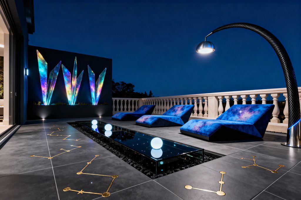 A nighttime patio features four low, angular chaise lounges upholstered in blue and purple galaxy-patterned fabric on large charcoal tiles with brass constellation inlays. A central recessed, glass-lined trough filled with black pebbles holds glowing white orb lights, while a tall arched floor lamp with a chrome shade illuminates the scene. A dark feature wall displays backlit acrylic shard sculptures in multicolor nebula hues, with a cream stone balustrade framing the terrace.