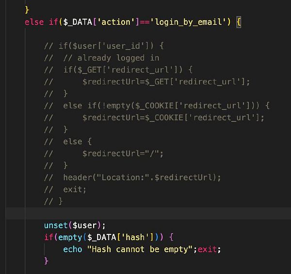 The image displays a snippet of PHP code related to user login functionality.