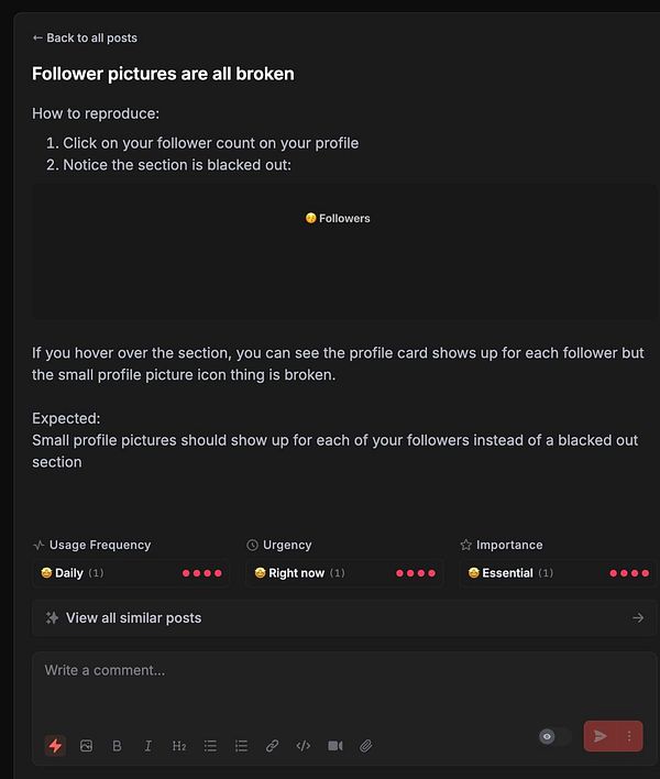 The image displays a task interface highlighting a bug related to broken follower pictures on a profile.