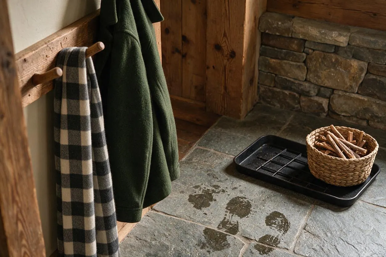 A rustic entry nook with a weathered wood coat rack holding a black-and-white plaid scarf and a dark green coat. Below, a stone floor shows wet footprints beside a black tray with a woven basket of kindling, and a stacked stone wall adds to the cabin-like feel.