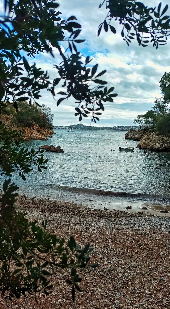 A serene coastal view framed by foliage, showcasing a calm bay with a small boat and distant land.