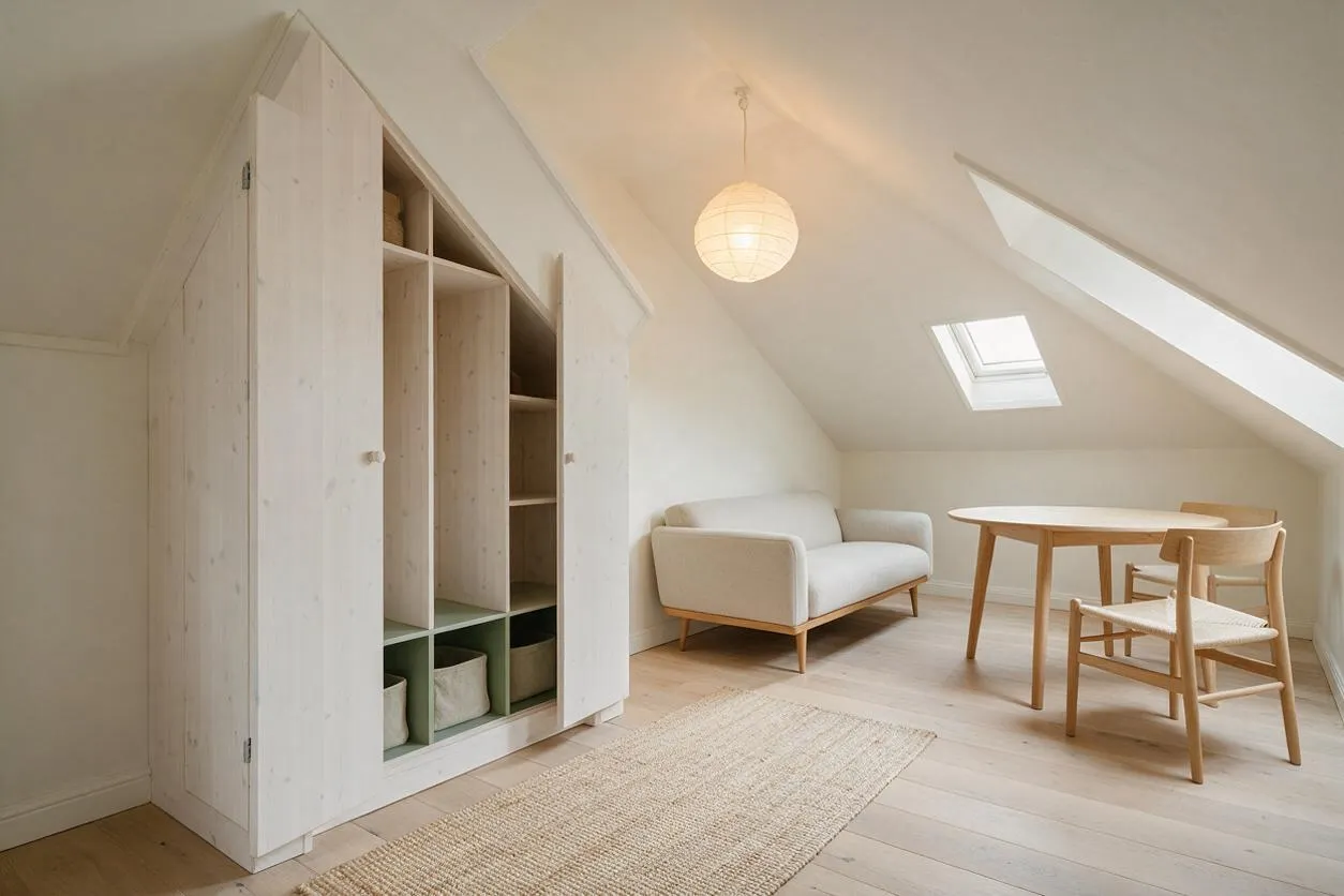 A bright Scandinavian attic room with a pale wood closet on the left, open shelves and storage baskets inside, and a small sitting area on the right with a light sofa, round wooden table, and matching chair. White walls, sloped ceilings, skylights, and a paper pendant lamp create a calm, airy atmosphere.