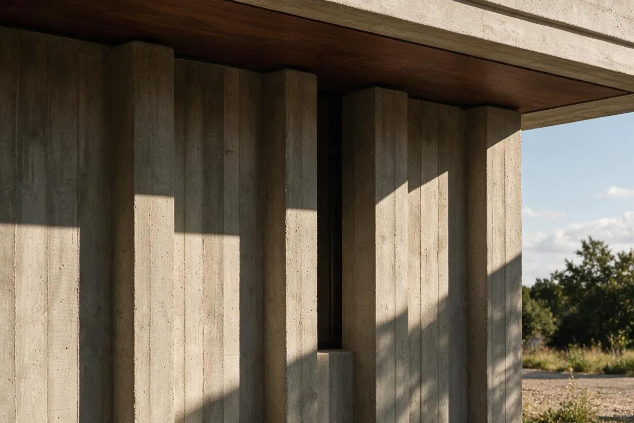 A Brutalist exterior featuring a rough vertical concrete facade with strong ribbed projections, a dark wood soffit, and sharp angular shadows cast across the surface. A narrow recessed opening sits near the center, while open sky and trees appear in the background.
