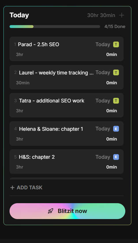 A task management interface displaying a daily schedule with various tasks and their durations.