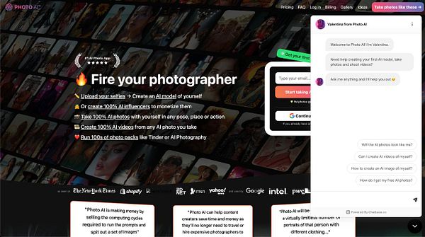 The image displays a landing page for the Photo AI app, featuring a chatbot interface and various promotional elements.