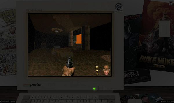 A retro computer screen displays a first-person shooter game scene with a character holding a weapon in a dark environment.