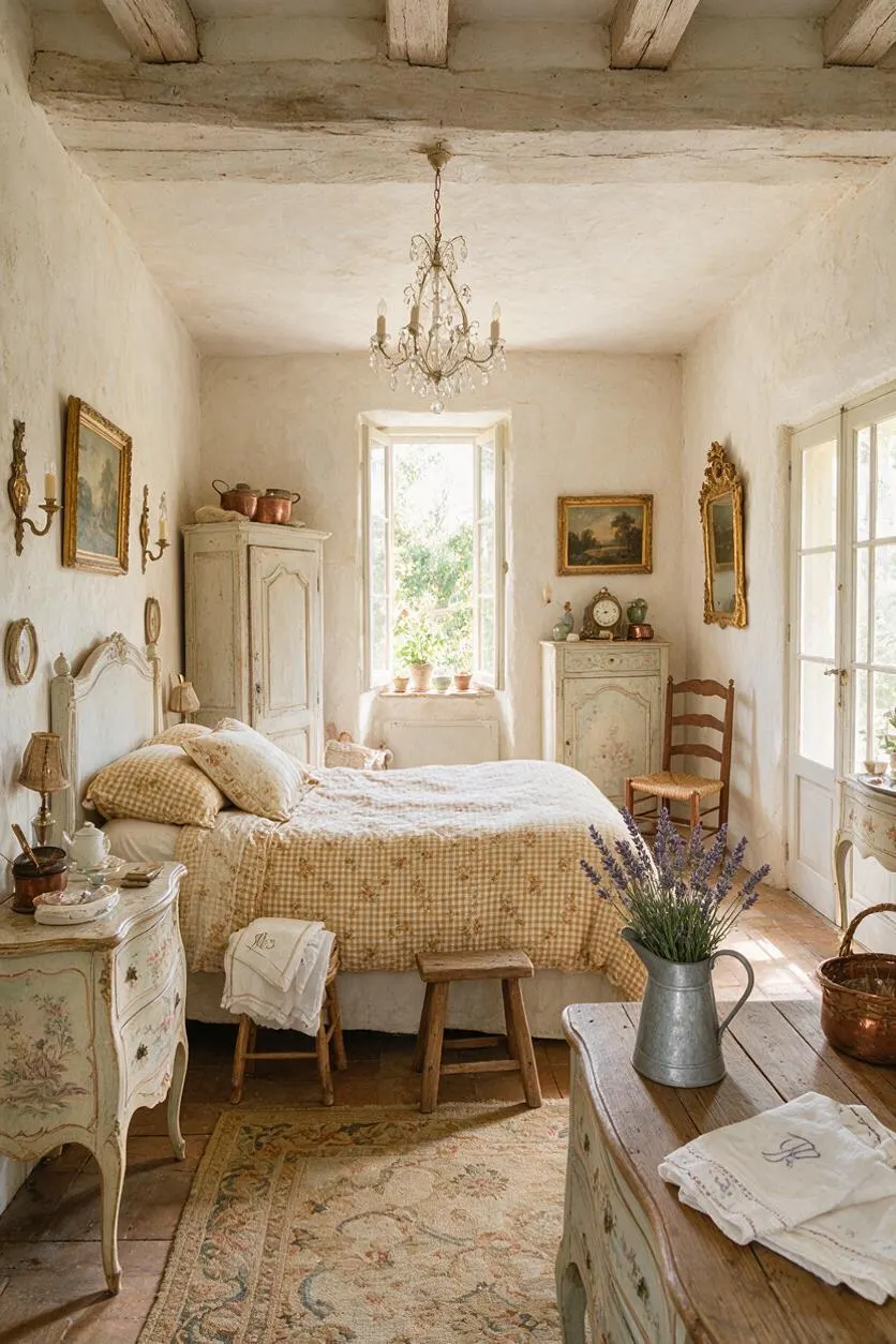A cozy French Country guest bedroom with a distressed painted bed, matching vintage cabinets, and rustic wood furniture. Soft cream walls, exposed beams, a crystal chandelier, and floral textiles create a warm, airy feel with sunlight streaming through tall windows.