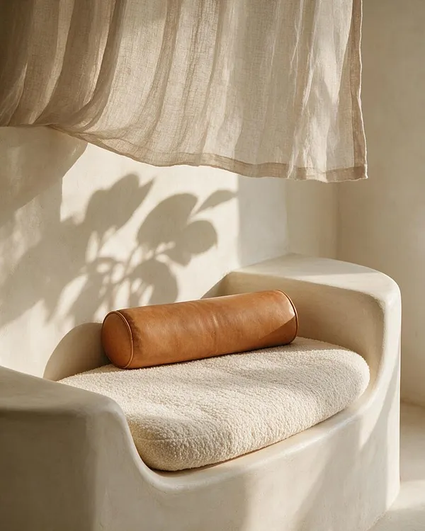 A warm neutral seating vignette features a sculptural cream bench with rounded edges, topped with a textured ivory cushion and a tan leather bolster pillow. Sheer linen drapery hangs above, casting soft shadows on the wall in natural sunlight.