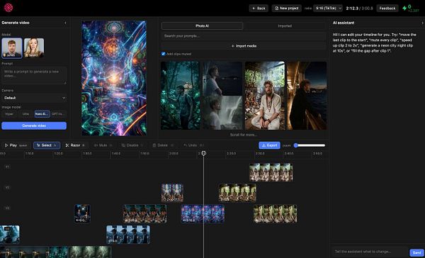 Screenshot of a video editing interface with a sidebar showing AI agent controls for video editing tasks.