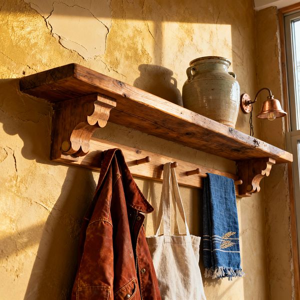 A sunlit mudroom wall features a thick reclaimed wood shelf on decorative corbels with a peg rail below, holding a russet leather jacket, a natural canvas tote, and an indigo fringed towel. Above the pegs sits a glazed stoneware jar, while a small copper wall sconce and the edge of a window cast warm light across textured ochre plaster, emphasizing cracks and grain that contribute to a rustic farmhouse character.