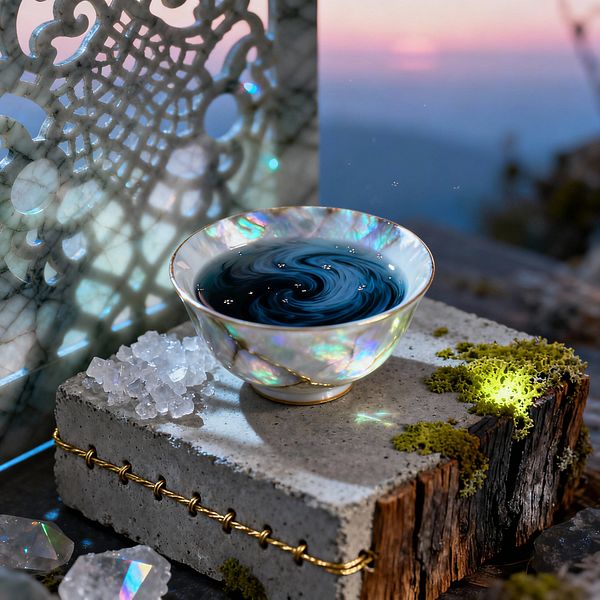 On a patio, an iridescent, mother-of-pearl ceramic bowl filled with inky, swirling liquid sits atop a block combining cast concrete and a weathered wood edge bound with brass wire. Beside it are clear quartz-like crystals and tufts of chartreuse moss glowing subtly. A white marble lattice screen casts patterned shadows, while a soft seaside sunset blurs in the background, scattering prismatic light across the scene.