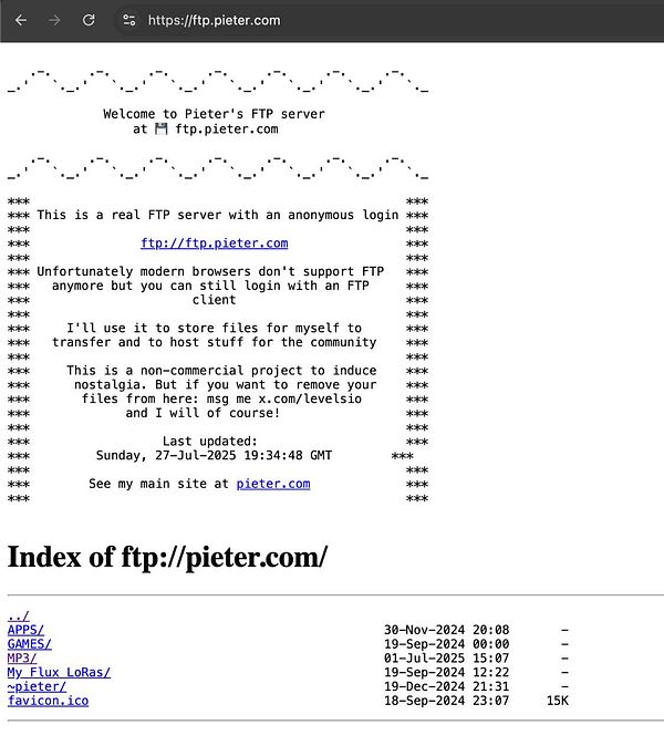 The image displays a screenshot of an FTP server interface for 'Pieter's FTP server'.