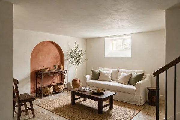 A cozy Mediterranean-style basement living room with white plaster walls, a terracotta arched alcove, and a low dark wood coffee table on a natural woven rug. A white slipcovered sofa with neutral pillows sits beneath a small window, accented by wicker baskets, a potted olive tree, and rustic wood seating.