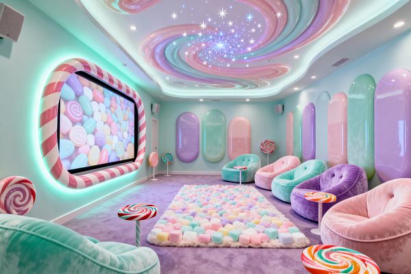 A whimsical media room styled like Candy Land shows a candy‑cane framed screen glowing mint, curved mint walls, and a ceiling swirling with pastel bands and star‑like fiber‑optic lights. Plush velvet lounge chairs in blush, mint, lavender, and aqua encircle a fluffy marshmallow‑style rug on lavender carpet, with glossy pill‑shaped wall panels, lollipop pedestal tables, and wall‑mounted speakers completing the setup.