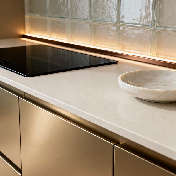Close-up of a minimalist kitchen shows a light beige quartz countertop with a flush black induction cooktop and a shallow pale stone bowl. Below, handleless brushed gold metal cabinets create a seamless front. The backsplash is made of textured glass blocks, backlit by a warm linear LED set in a slim bronze-toned channel, casting a soft glow across the surface and emphasizing clean lines and uncluttered finishes.