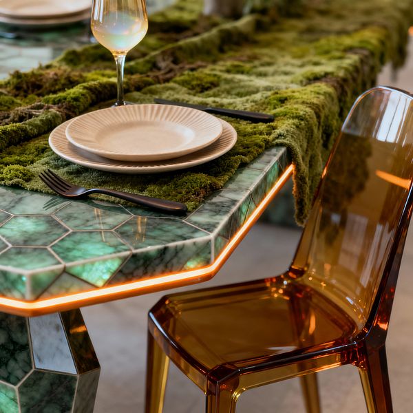 A close-up of a dining table shows a geometric green stone surface made of hexagonal facets, with a warm LED strip glowing beneath the edge. A thick moss runner drapes across the top beside two ribbed beige plates, matte black fork and knife, and a tall stemmed glass, while a translucent amber chair sits at the corner, blending sleek futuristic details with natural texture for a striking dining vignette.
