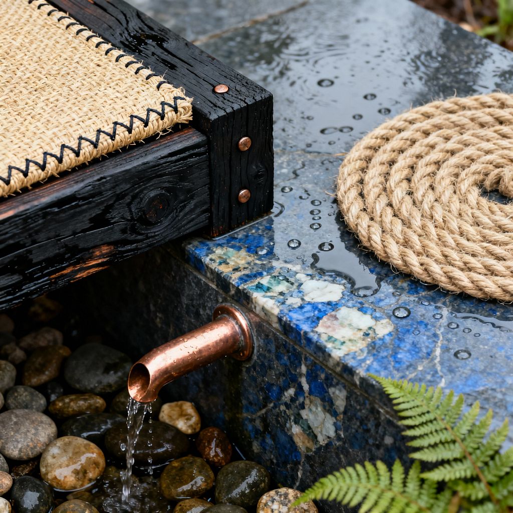 Close-up of a rustic patio detail featuring a bench made from charred black wood with a stitched jute seat. Beside it, a polished blue-speckled granite basin holds a short copper spout that trickles water onto smooth river pebbles. Rain droplets scatter across the stone surface, a coiled jute rope mat rests on top, and fern fronds peek in at the edge, emphasizing natural textures and a weathered, handcrafted feel.