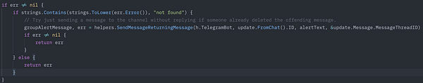 The image displays a code snippet addressing a Telegram race condition issue.