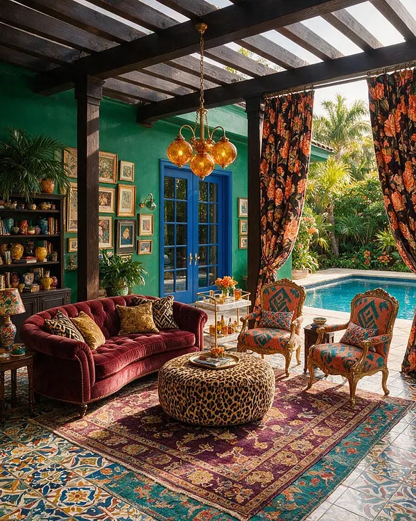 A lush backyard patio styled in maximalist fashion, with a burgundy velvet sofa, ornate patterned chairs, a leopard-print ottoman, layered Persian-style rugs, and floral drapery framing a pool view. Teal walls, cobalt French doors, amber glass chandelier, and tropical landscaping create a dramatic, colorful outdoor living room.