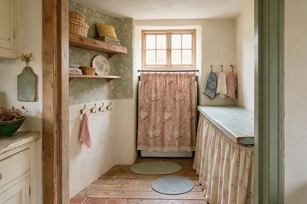 A cozy cottagecore laundry room with a floral curtain covering the washer, a small wood-framed window, open wooden shelves with woven baskets and folded linens, brass hooks with hanging towels, and a distressed blue worktable draped with a skirted fabric panel. The room features floral wallpaper, white plaster walls, rustic wood flooring, and soft pastel accents.
