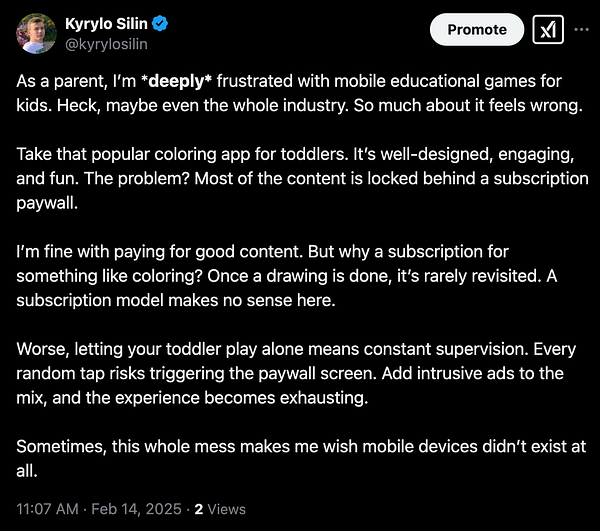 A Twitter post expressing frustration with mobile educational games for children, particularly regarding subscription models.