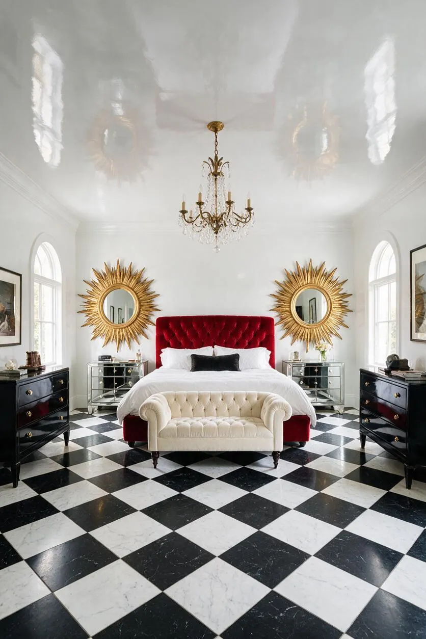 A luxurious guest bedroom with a glossy white ceiling, crystal chandelier, and black-and-white checkered marble floor. A deep red velvet tufted bed sits centered between two gold sunburst mirrors, flanked by mirrored nightstands and black dressers, with a cream tufted bench at the foot of the bed.