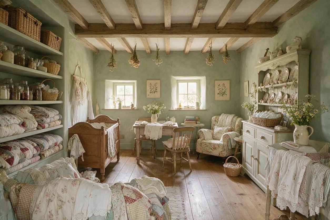 A cozy cottagecore nursery with sage green walls, exposed wood ceiling beams, and wide plank wood floors. The room includes a carved wooden crib, a floral armchair, a small table with chairs, open shelving filled with jars and folded quilts, and a painted cabinet displaying plates and florals.