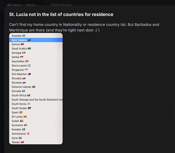 Screenshot of a dropdown menu displaying country names starting with 'St' for residency or nationality selection.