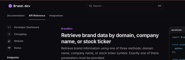 The image displays a dark-themed API reference page for Brand.dev.