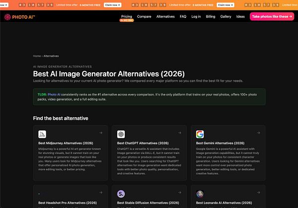 A screenshot of a webpage titled 'Alternatives to PhotoAI' featuring a list of alternative AI-powered photo editing tools and software.