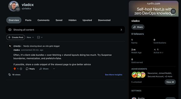 The image displays a Reddit profile page for the user 'vladcx' along with a recent comment in a subreddit.