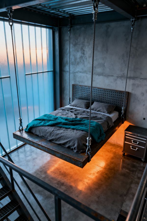 An industrial bedroom shows a suspended steel bed hung by thick cables from ceiling beams, featuring a perforated metal headboard and charcoal bedding topped with a teal blanket. Warm under-bed lighting reflects on a polished concrete floor, while gray concrete walls and a tall translucent channel-glass window with blue-tinted daylight frame a black steel nightstand and exposed metal stair railing.