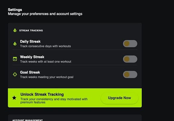 The image displays a settings interface for streak tracking features in a fitness app.