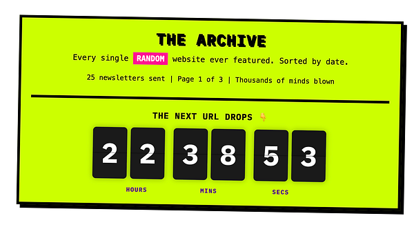 A vibrant countdown clock indicating the time until the next URL drop.