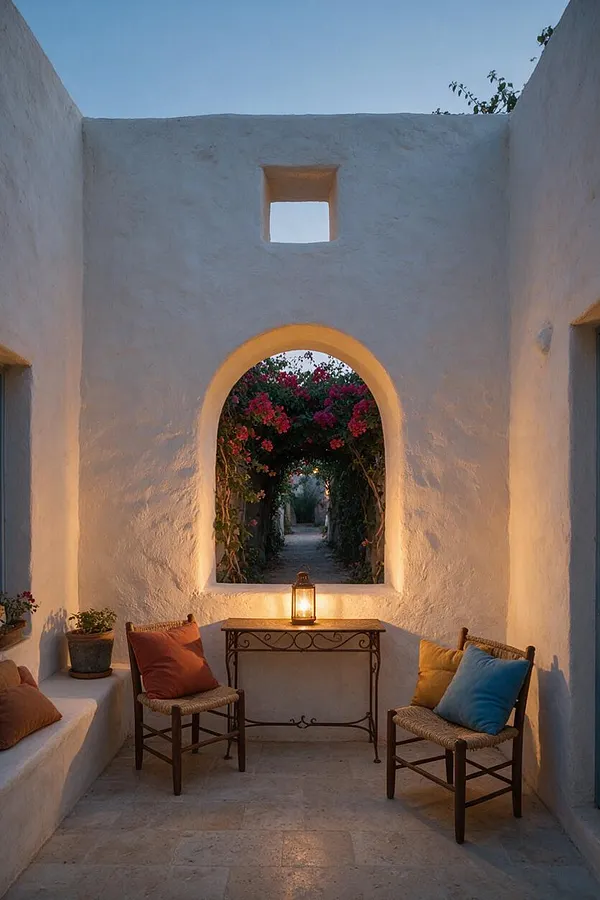 A small Mediterranean-style patio with whitewashed stucco walls, a tall arched opening framing flowering vines, and a lantern glowing on a wrought-iron table. Two woven chairs with colorful cushions sit on a stone floor, creating a cozy evening seating nook.