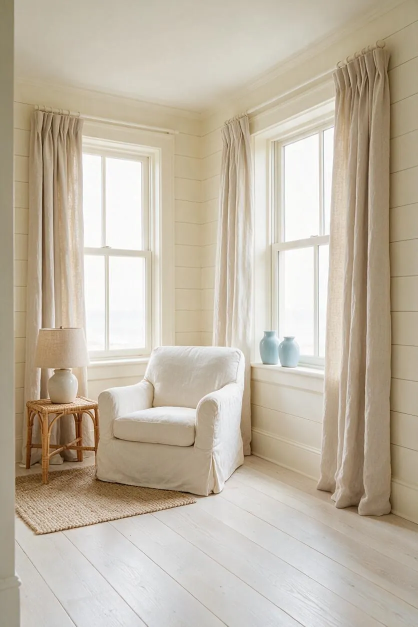 A bright coastal sunroom with white painted floors, cream shiplap-style walls, and large windows dressed in long linen curtains. A slipcovered white armchair sits beside a small wicker side table with a ceramic lamp, with a woven rug and two pale blue vases adding soft seaside color.
