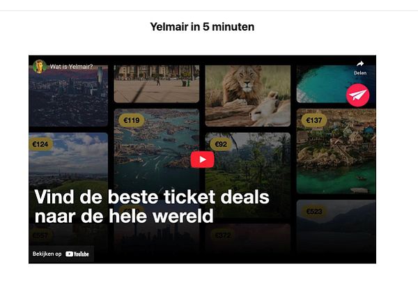 The image features a promotional layout for a video about Yelmair, showcasing various travel destinations and ticket prices.