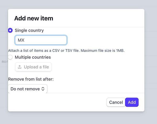 Configuration dialog to add a single country blocking entry for Mexico in a system.