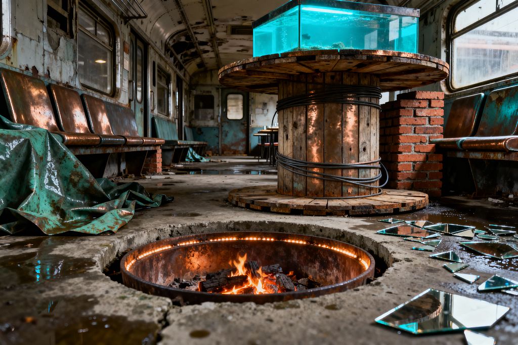 Inside an abandoned train carriage converted into a dining space, a large wooden cable spool forms the central table, wrapped with black cable and topped by a clear glass tank filled with blue-green water. Patinated metal bench seating lines peeling teal walls. A recessed steel fire pit burns within a cracked concrete floor, while a short brick support, puddles, tarped fabric, and scattered mirror shards emphasize a raw, improvised industrial setting.