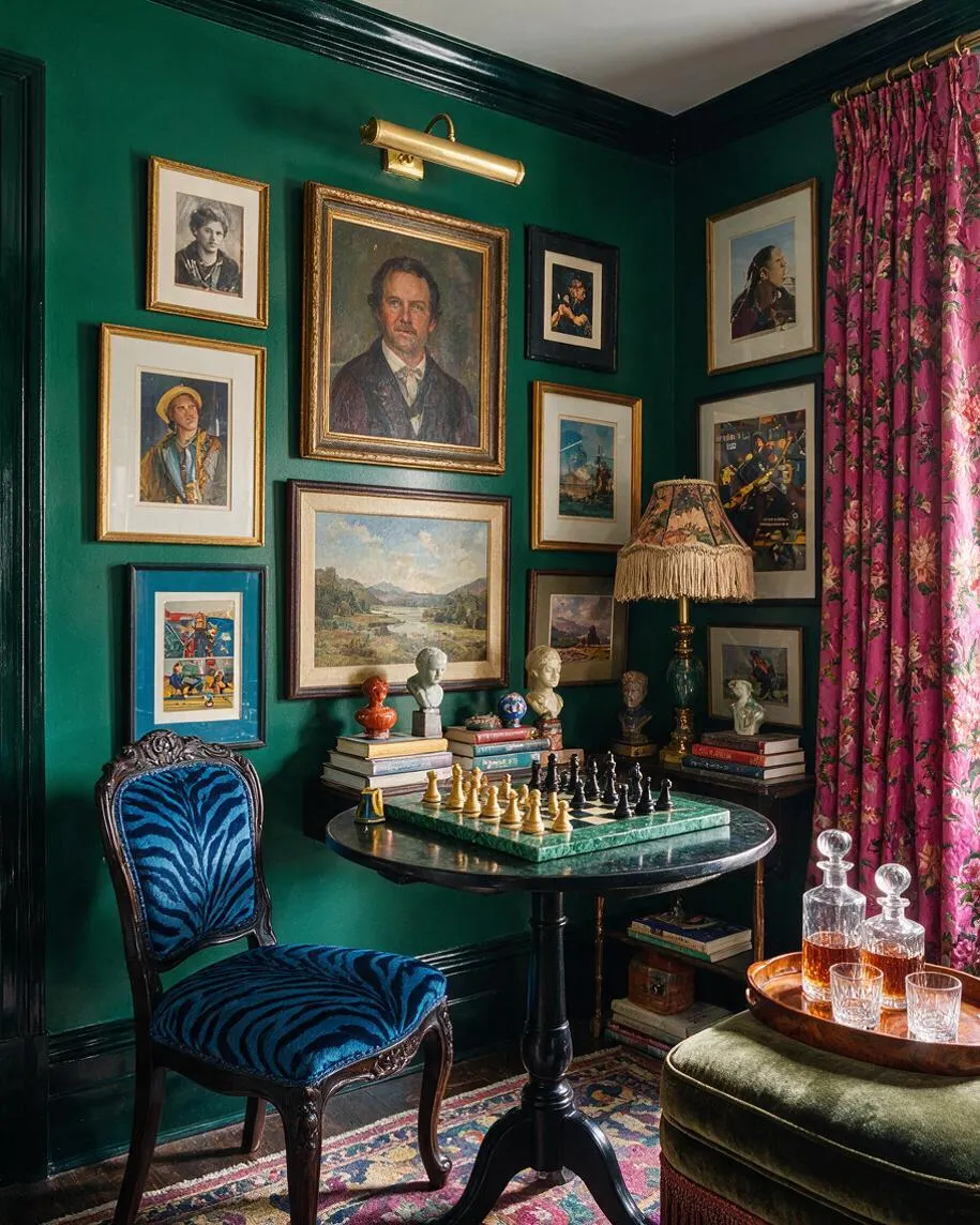 A richly decorated game room with deep green walls, dark trim, and a gallery of mixed framed artwork. A small round chess table sits beside a blue patterned velvet chair, while pink floral drapes, a fringed lamp, stacked books, and glass decanters add layered maximalist detail.