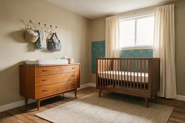 A serene nursery with a walnut crib and matching dresser on tapered legs, set against beige walls and wood flooring. Cream curtains frame a bright window, while teal star-patterned wall panels add a playful mid-century accent above the crib.