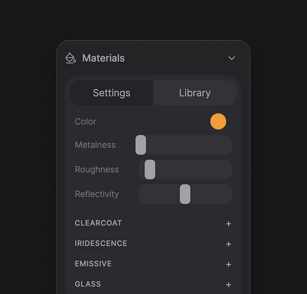 Redesigned materials settings UI showcasing Material Settings with toggles and dropdown menus, including options for extrusions and texture settings.