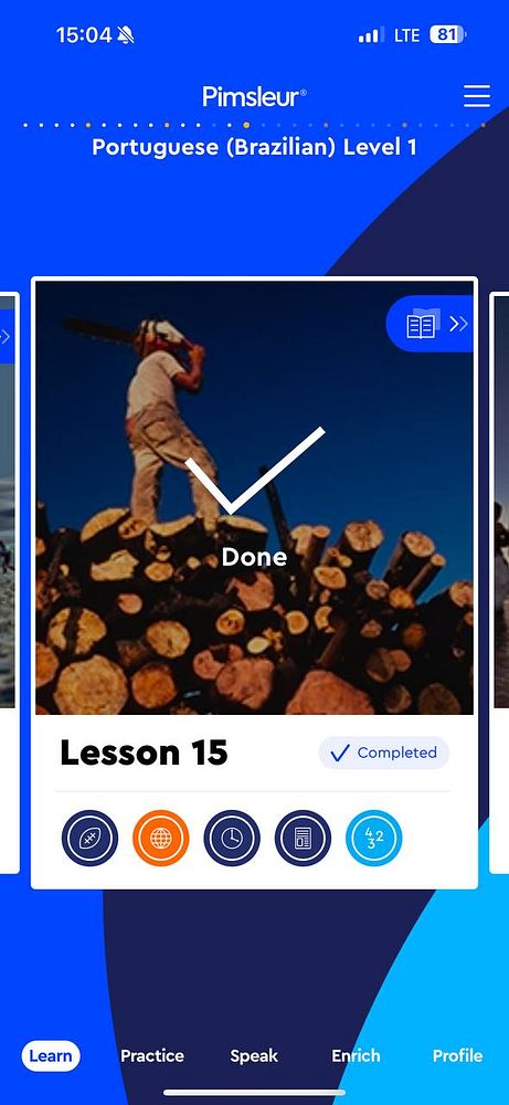 The image displays a mobile app interface for a language learning program, showing a completed lesson.