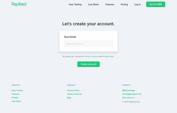 The image shows a login/signup page design for Rayfeed with an email input field and a 'Create account' button.