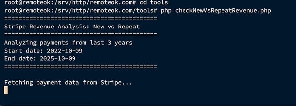A terminal window displaying a script execution for analyzing Stripe revenue data.