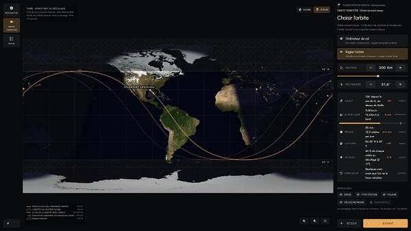 Interactive mission planner interface for choosing a low Earth orbit showing orbital paths, Earth map with daylight and night zones, and orbital parameters.