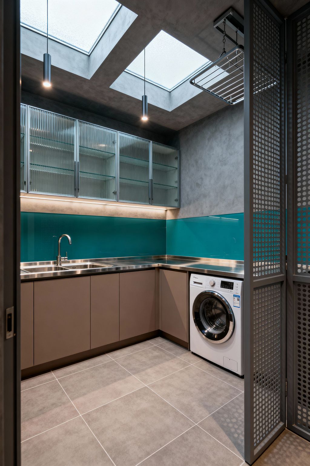 Compact modern laundry room with an L-shaped stainless-steel countertop and integrated sink, matte taupe handleless base cabinets, and a white front-loading washer. A glossy teal glass backsplash contrasts with gray microcement walls and large porcelain floor tiles, while fluted-glass upper cabinets, LED strip lighting, two skylights with slim pendants, a ceiling-mounted drying rack, and a perforated metal sliding screen complete the space.