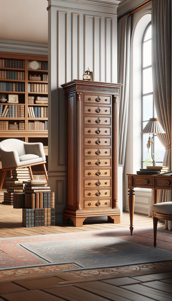A slim, tall wooden Wellington Chest with a series of drawers and a side lock, placed in a well-lit, elegant study room, surrounded by books and other classic pieces of furniture.